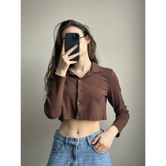 H&M Brown Cropped Button Down Top (Altered Cut) – Super Cute Layering Shirt Y2K - Picture 1 of 7